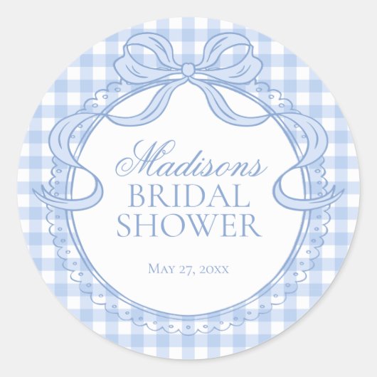 Blue Gingham Coquette Bow Bridal Shower Seal Runder Aufkleber (Vorderseite)