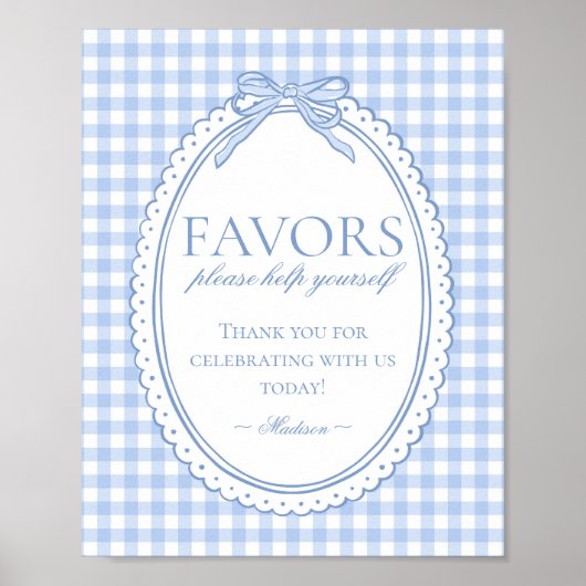 Blue Gingham Coquette Bow Favors Sign Poster (Vorne)