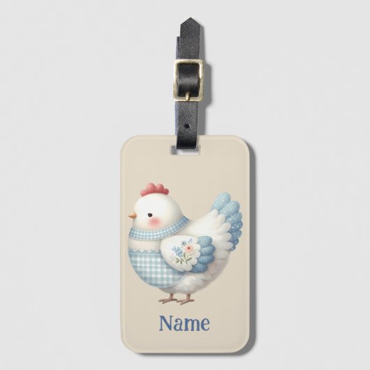 Blue Gingham Cottage Hen Gepäckanhänger (Vorderseite Vertikal)