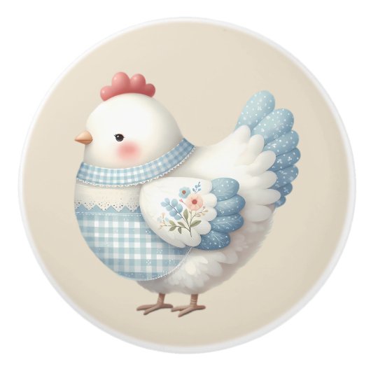 Blue Gingham Cottage Hen Keramikknauf (Vorderseite)