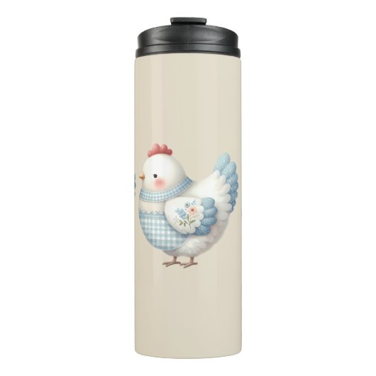 Blue Gingham Cottage Hen Thermosbecher (Vorderseite)