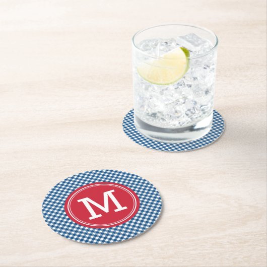 Blue Gingham Country Chic Personalize Monogram Runder Pappuntersetzer (Vor Ort)
