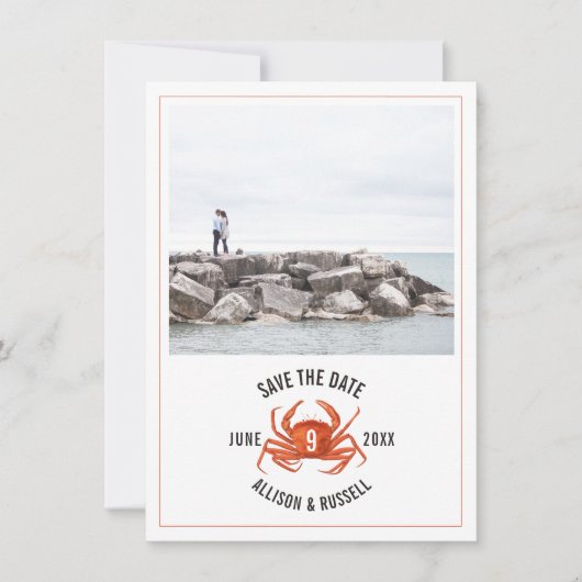 Blue Gingham Crab Rustic Wedding Foto Save The Date (Vorderseite)