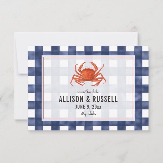 Blue Gingham Crab Rustic Wedding speichern das Dat Save The Date (Vorderseite)