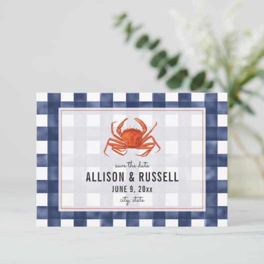 Blue Gingham Crab Rustic Wedding speichern das Dat Save The Date (Stehend Vorderseite)