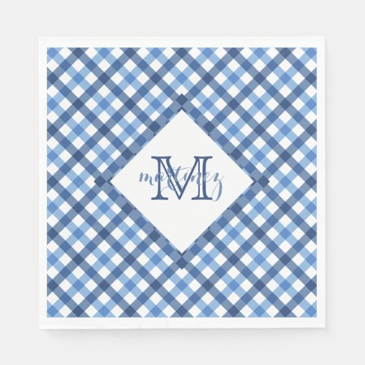 Blue Gingham Diamant Monogram Name Napkins Serviette (Vorderseite)
