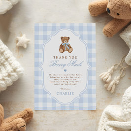 Blue Gingham Elegant Teddy Bear Baby Shower Dankeskarte