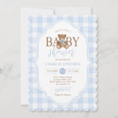 Blue Gingham Elegant Teddy Bear Baby Shower Einladung (Vorderseite)