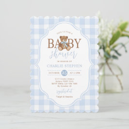 Blue Gingham Elegant Teddy Bear Baby Shower Einladung