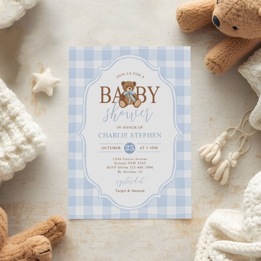 Blue Gingham Elegant Teddy Bear Baby Shower Einladung