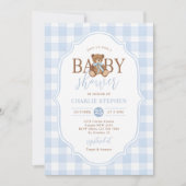 Blue Gingham Elegant Teddy Bear Baby Shower Einladung (Vorderseite)