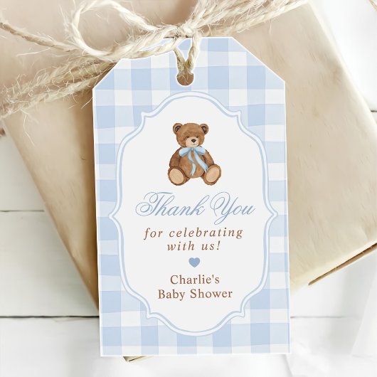 Blue Gingham Elegant Teddy Bear Baby Shower Geschenkanhänger