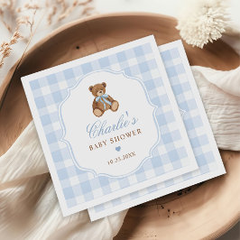 Blue Gingham Elegant Teddy Bear Baby Shower Serviette