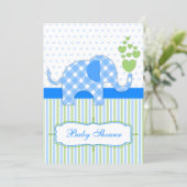 Blue Gingham Elephant Baby Shower Einladung (Stehend Vorderseite)