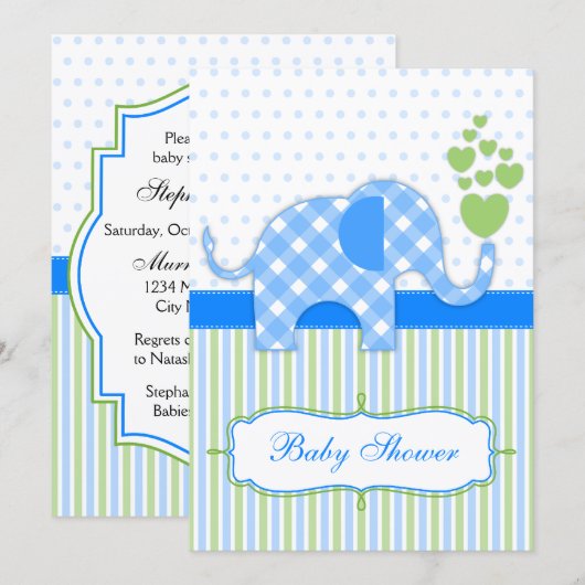 Blue Gingham Elephant Baby Shower Einladung (Vorne/Hinten)