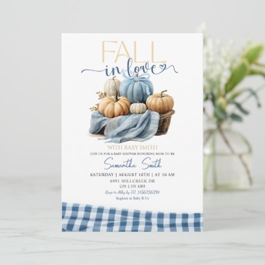 Blue Gingham Fall in Liebe Fall Theme Kinderdusche Einladung (Stehend Vorderseite)