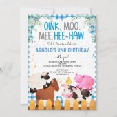 Blue Gingham Farm Animals Boy Birthday Barnyard Einladung (Vorderseite)