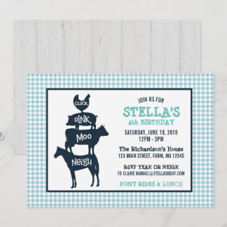 Blue Gingham Farm Theme Animal Birthday Einladung