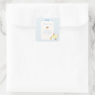 Blue Gingham Farmer Little Chick Jungen-Baby-Party Quadratischer Aufkleber