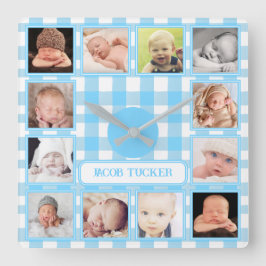 Blue Gingham Farmhouse 12-Foto Boy Kinderzimmer Quadratische Wanduhr