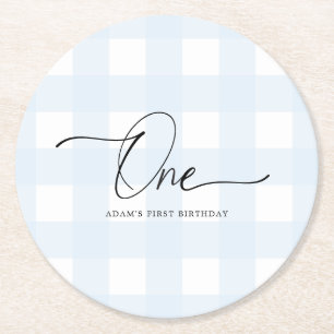 Blue Gingham First Birthday Drink Untersetzer