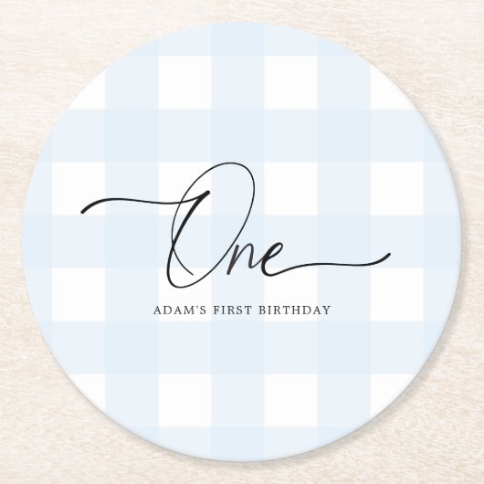 Blue Gingham First Birthday Drink Untersetzer (Vorderseite)
