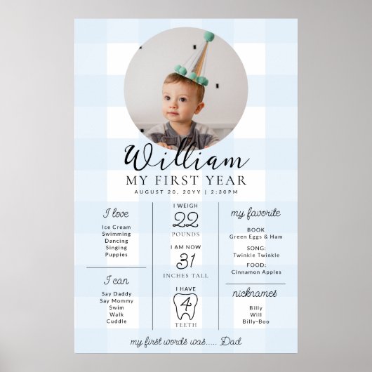 Blue Gingham First Birthday Milestone Timeline Poster (Vorne)