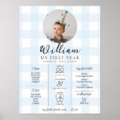 Blue Gingham First Birthday Milestone Timeline Poster (Vorne)