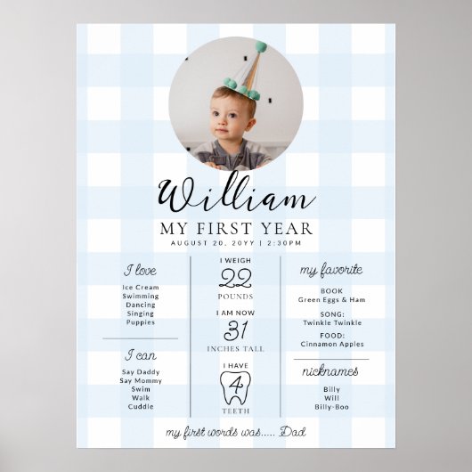 Blue Gingham First Birthday Milestone Timeline Poster (Vorne)
