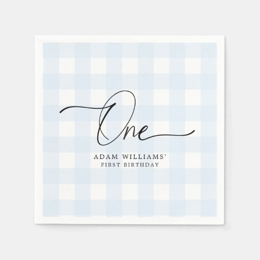 Blue Gingham First Birthday Paper Napkin Serviette (Vorderseite)