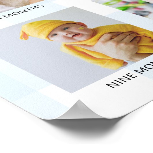 Blue Gingham First Birthday Photo Timeline Poster (Ecke)