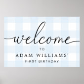 Blue Gingham First Birthday Welcome Sign Poster (Vorne)