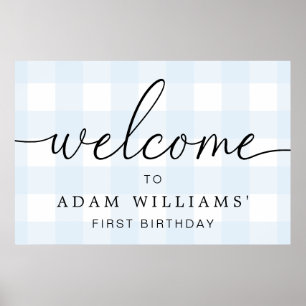 Blue Gingham First Birthday Welcome Sign Poster