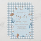 Blue Gingham First Rodeo Wild West Birthday Einladung (Vorne/Hinten)