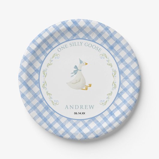 Blue Gingham Floral One Silly Goose 1st Birthday Pappteller (Vorderseite)