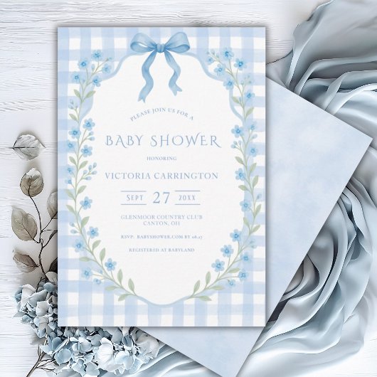 Blue Gingham Floral Vintag Baby Dusche Einladung