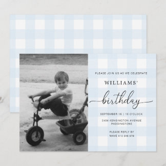 Blue Gingham Foto Birthday Einladung