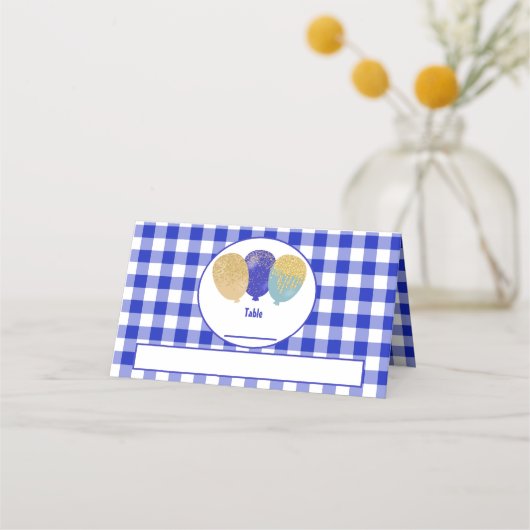 Blue Gingham Glitzer Blue Party Balloons Birthday Platzkarte (Vorderseite)