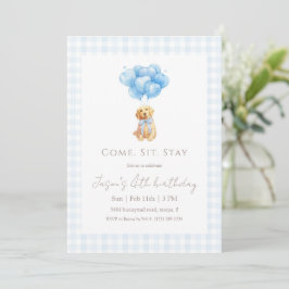 Blue Gingham Golden Retriever Puppy Birthday Einladung