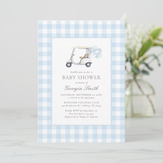 Blue Gingham Golf Baby Dusche Einladung (Stehend Vorderseite)