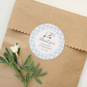 Blue Gingham Golf Birthday Runder Aufkleber