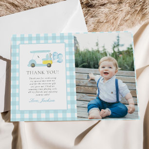 Blue Gingham Golf Boy 1. Geburtstag Foto Dankeskarte