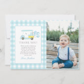 Blue Gingham Golf Boy 1. Geburtstag Foto Dankeskarte (Vorderseite)