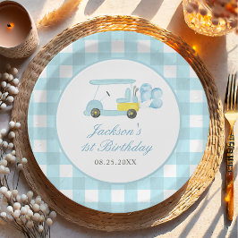 Blue Gingham Golf Boy 1. Geburtstag Pappteller