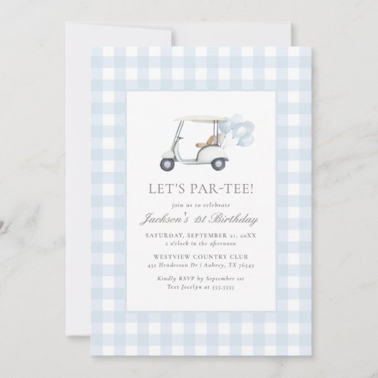 Blue Gingham Golf Boy Birthday Einladung (Vorderseite)
