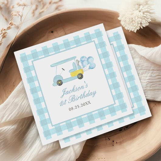 Blue Gingham Golf Junge 1. Geburtstag Serviette