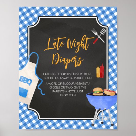 Blue Gingham GRILLEN Baby Shower Spate Night Diape Poster (Vorne)