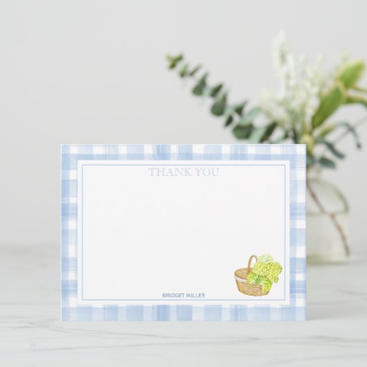Blue Gingham Hydrangea Blume Vielen Dank Dankeskarte (Stehend Vorderseite)