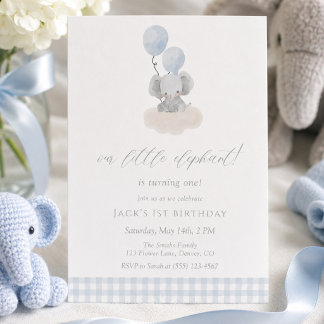 Blue Gingham Junge Elefant Erster Geburtstag  Einladung
