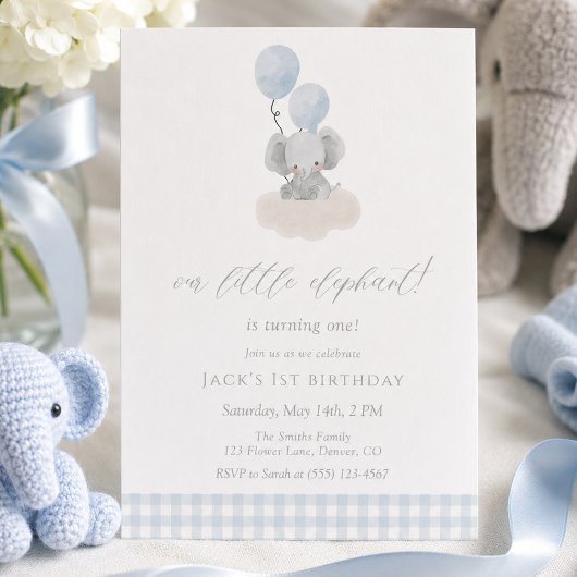 Blue Gingham Junge Elefant Erster Geburtstag Einladung